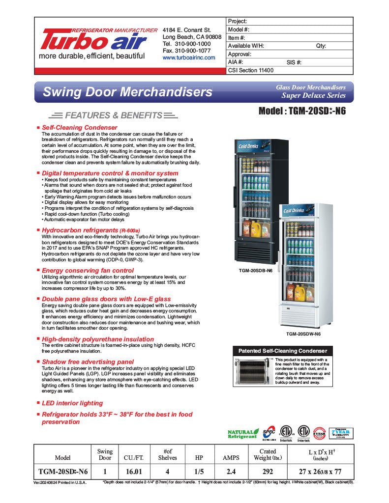 Turbo Air TGM-20SD-N6 27" White Super Deluxe Countertop Refrigerator w/ Glass Swing Door – LED Lighting, Front Access, 115v - Donut-Equipment.com