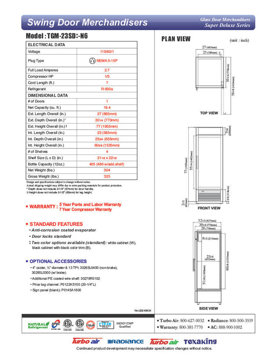 Turbo Air TGM-23SD-N6 27" White Super Deluxe Glass Door Refrigerator – LED Lighting, Front Access, Swing Door, 115v - Donut-Supplies.Com