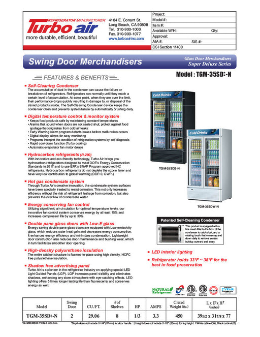 Turbo Air TGM-35SD-N 39 1/2" White Super Deluxe Glass Door Refrigerator – Two Swing Doors, LED Lighting, 115v - Donut-Supplies.Com