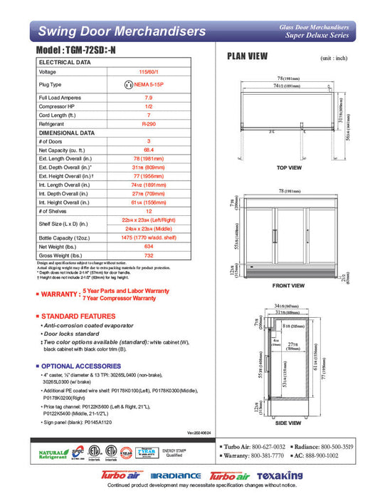 Turbo Air TGM-72SD-N 78" White Super Deluxe Glass Door Refrigerator – Three Swing Doors, LED Lighting, 115v - Donut-Equipment.com