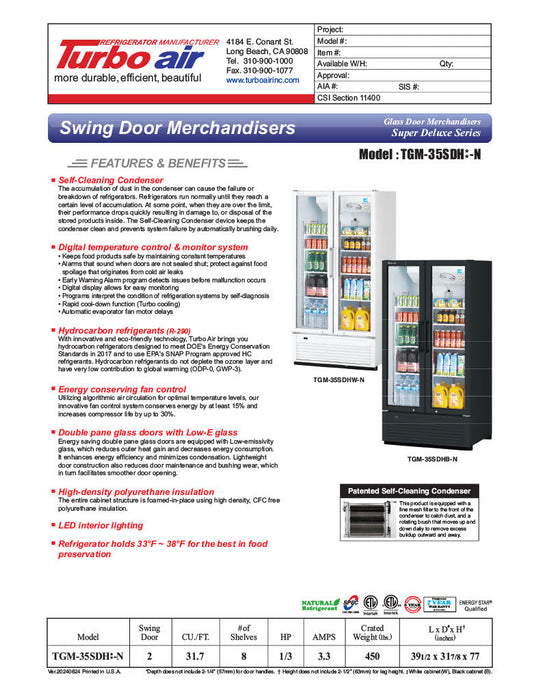 Turbo Air TGM-35SDH-N 39 1/2" White Super Deluxe Two Section Glass Door Merchandiser – (2) Left/Right Hinge Doors, 115v - Donut-Supplies.Com