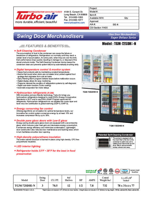 Turbo Air TGM-72SDHB-N 78" Black Super Deluxe Three Section Glass Door Merchandiser – (3) Left/Right Hinge Doors, 115v - Donut-Supplies.Com
