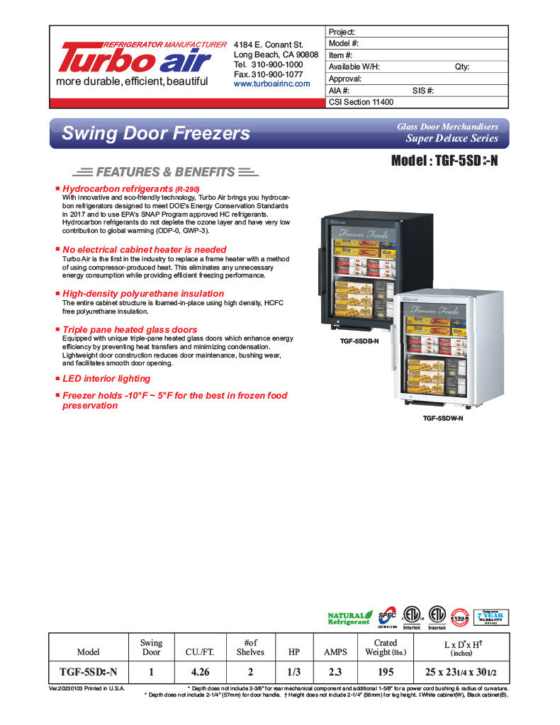 Turbo Air TGF-5SD-N 25" White Super Deluxe Countertop Display Freezer – (1) Swing Door, LED Lighting, Front Access, 115v - Donut-Equipment.com