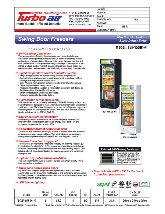 Turbo Air TGF-15SD-N 26 3/8" White Super Deluxe One Section Countertop Display Freezer – (1) Swing Door, LED Lighting, 115v - Donut-Equipment.com