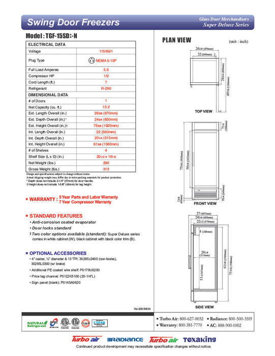 Turbo Air TGF-15SD-N 26 3/8" White Super Deluxe One Section Countertop Display Freezer – (1) Swing Door, LED Lighting, 115v - Donut-Supplies.Com