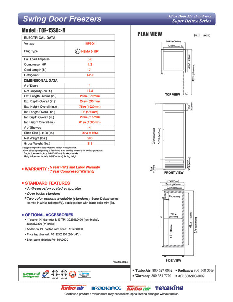 Turbo Air TGF-15SD-N 26 3/8" White Super Deluxe One Section Countertop Display Freezer – (1) Swing Door, LED Lighting, 115v - Donut-Equipment.com