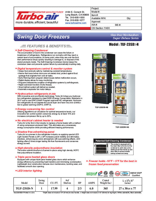 Turbo Air TGF-23SD-N 27" White Super Deluxe One Section Display Freezer – (1) Swing Door, LED Lighting, 115v - Donut-Equipment.com