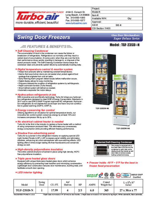 Turbo Air TGF-23SD-N 27" White Super Deluxe One Section Display Freezer – (1) Swing Door, LED Lighting, 115v - Donut-Supplies.Com