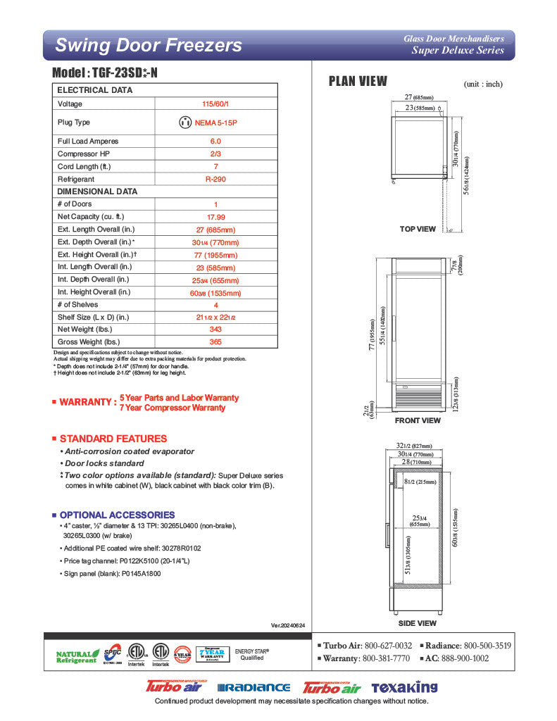 Turbo Air TGF-23SD-N 27" White Super Deluxe One Section Display Freezer – (1) Swing Door, LED Lighting, 115v - Donut-Equipment.com