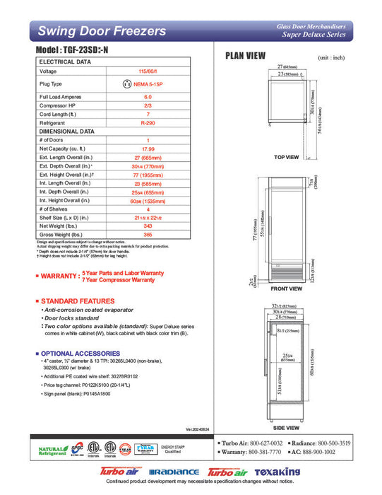 Turbo Air TGF-23SD-N 27" White Super Deluxe One Section Display Freezer – (1) Swing Door, LED Lighting, 115v - Donut-Supplies.Com