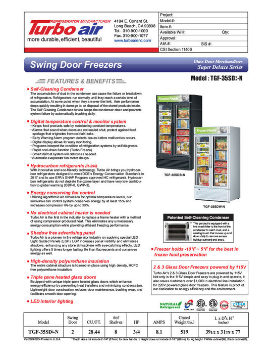 Turbo Air TGF-35SD-N 39 1/2" White Super Deluxe Two Section Display Freezer – (2) Swing Doors, LED Lighting, 115v - Donut-Supplies.Com