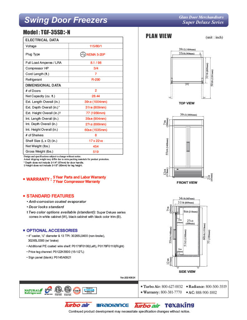 Turbo Air TGF-35SD-N 39 1/2" White Super Deluxe Two Section Display Freezer – (2) Swing Doors, LED Lighting, 115v - Donut-Equipment.com