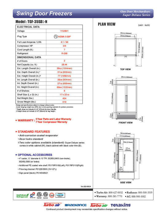 Turbo Air TGF-35SD-N 39 1/2" White Super Deluxe Two Section Display Freezer – (2) Swing Doors, LED Lighting, 115v - Donut-Equipment.com
