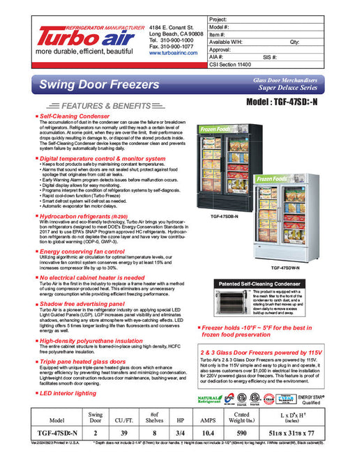 Turbo Air TGF-47SD-N 51 1/8" White Super Deluxe Two Section Display Freezer – (2) Swing Doors, LED Interior, 115v - Donut-Supplies.Com