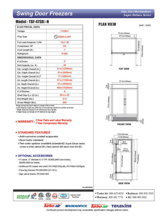 Turbo Air TGF-47SD-N 51 1/8" White Super Deluxe Two Section Display Freezer – (2) Swing Doors, LED Interior, 115v - Donut-Supplies.Com