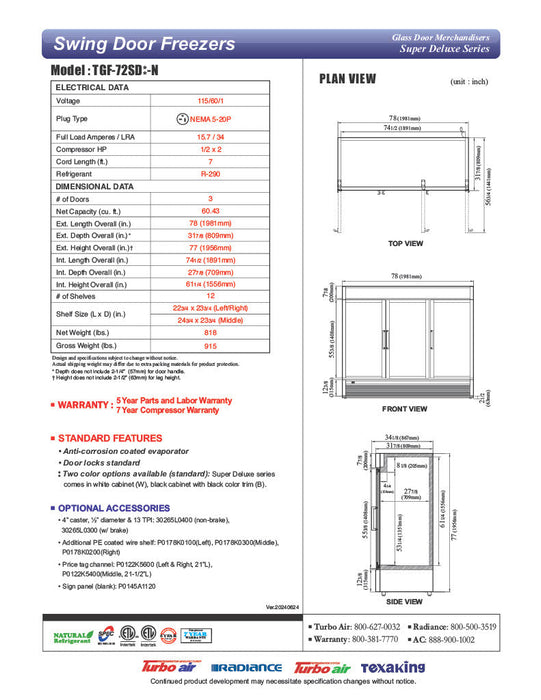 Turbo Air TGF-72SD-N-B 78" White Super Deluxe Three Section Display Freezer – (3) Swing Doors, LED Lighting, 115v - Donut-Supplies.Com