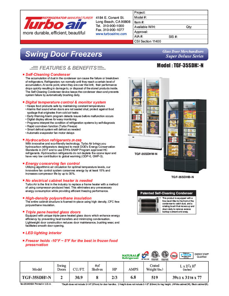 Turbo Air TGF-35SDH-N 39 1/2" White Super Deluxe Two Section Display Freezer w/ Swing Doors – Bottom Mount Compressor, LED Lighting, 115v - Donut-Equipment.com