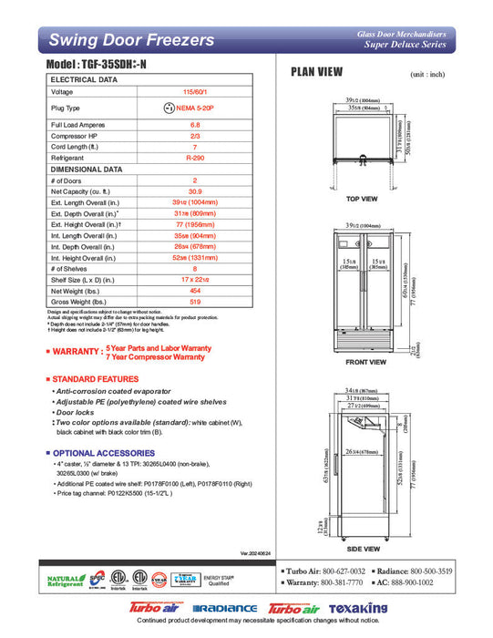 Turbo Air TGF-35SDH-N 39 1/2" White Super Deluxe Two Section Display Freezer w/ Swing Doors – Bottom Mount Compressor, LED Lighting, 115v - Donut-Supplies.Com