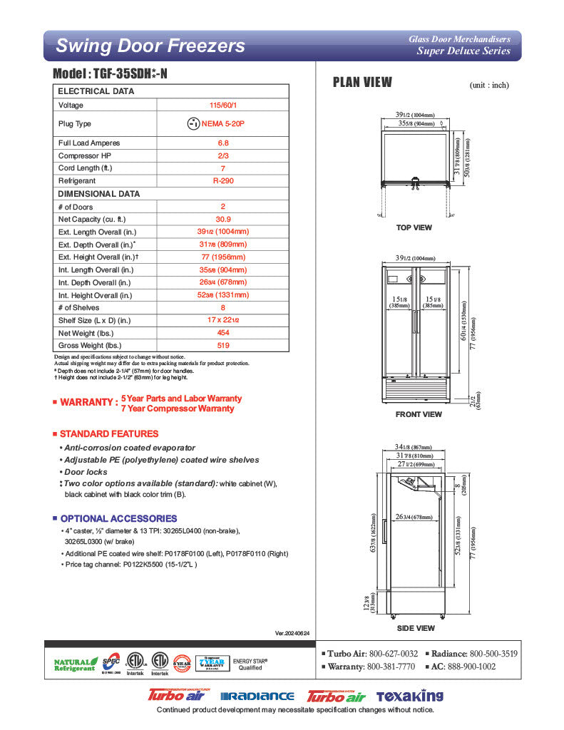 Turbo Air TGF-35SDH-N 39 1/2" White Super Deluxe Two Section Display Freezer w/ Swing Doors – Bottom Mount Compressor, LED Lighting, 115v - Donut-Equipment.com
