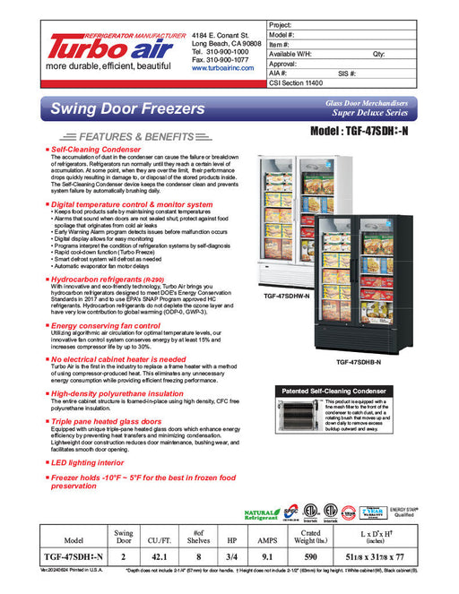 Turbo Air TGF-47SDH-N 51 1/8" White Super Deluxe Two Section Display Freezer w/ Swing Doors – Bottom Mount Compressor, LED Lighting, 115v - Donut-Supplies.Com