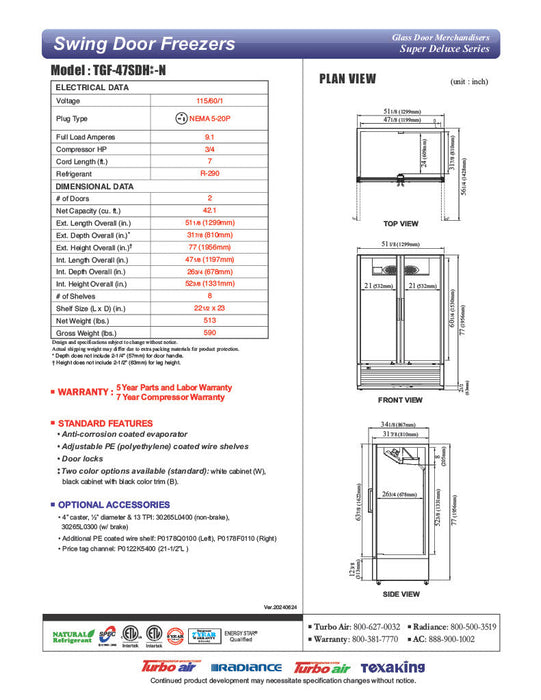 Turbo Air TGF-47SDH-N 51 1/8" White Super Deluxe Two Section Display Freezer w/ Swing Doors – Bottom Mount Compressor, LED Lighting, 115v - Donut-Supplies.Com