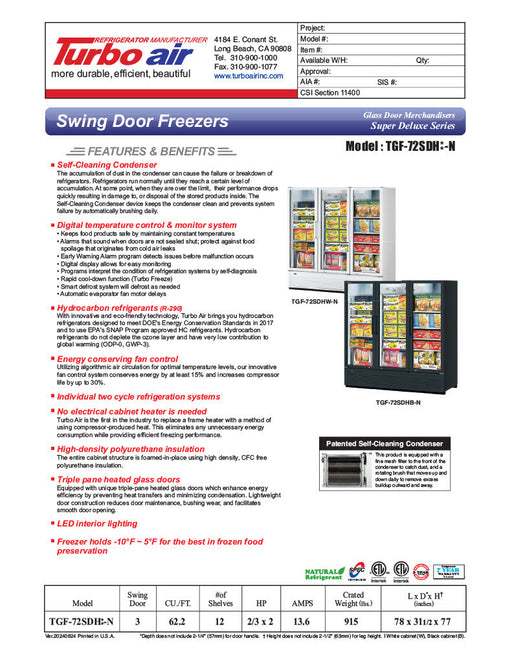 Turbo Air TGF-72SDH-N 78" White Super Deluxe Three Section Display Freezer w/ Swing Doors – Bottom Mount Compressor, LED Lighting, 115v - Donut-Supplies.Com