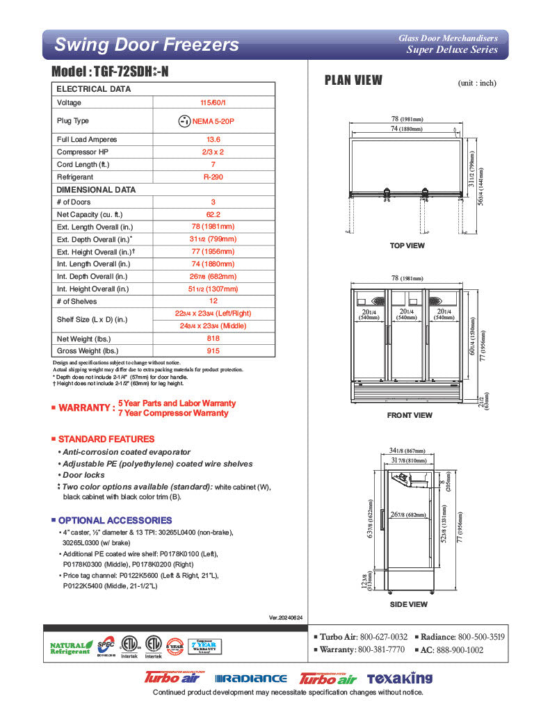 Turbo Air TGF-72SDH-N 78" White Super Deluxe Three Section Display Freezer w/ Swing Doors – Bottom Mount Compressor, LED Lighting, 115v - Donut-Equipment.com