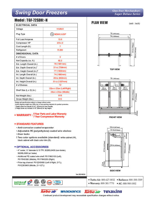 Turbo Air TGF-72SDH-N 78" White Super Deluxe Three Section Display Freezer w/ Swing Doors – Bottom Mount Compressor, LED Lighting, 115v - Donut-Supplies.Com