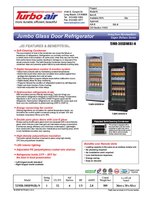 Turbo Air TJMR-30SDB-N 36 5/8" Black Super Deluxe One Section Glass Door Merchandiser, 115v - Donut-Supplies.Com