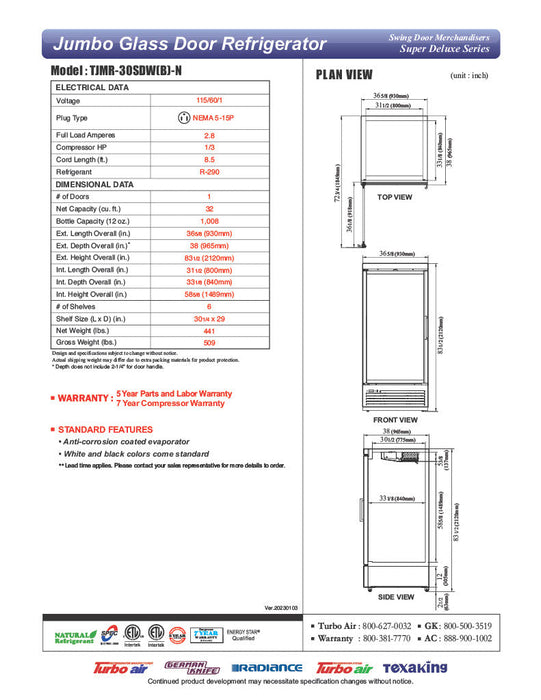 Turbo Air TJMR-30SDB-N 36 5/8" Black Super Deluxe One Section Glass Door Merchandiser, 115v - Donut-Supplies.Com