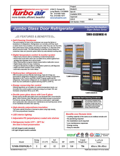 Turbo Air TJMR-55SDB-N 65 1/8" Black Super Deluxe Two Section Glass Door Merchandiser – (2) Swing Doors, 115v - Donut-Supplies.Com