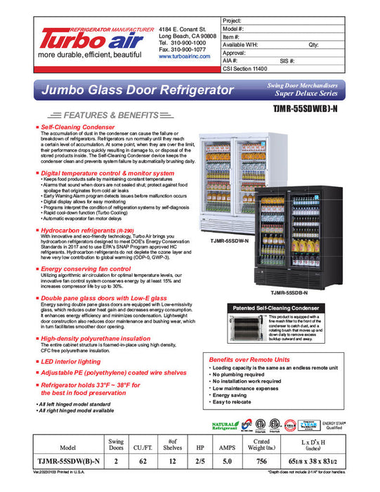 Turbo Air TJMR-55SDB-N 65 1/8" Black Super Deluxe Two Section Glass Door Merchandiser – (2) Swing Doors, 115v - Donut-Supplies.Com