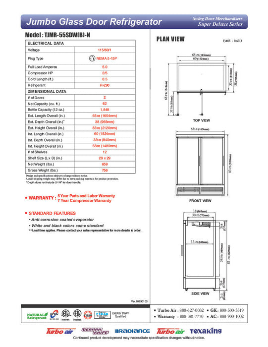 Turbo Air TJMR-55SDB-N 65 1/8" Black Super Deluxe Two Section Glass Door Merchandiser – (2) Swing Doors, 115v - Donut-Supplies.Com