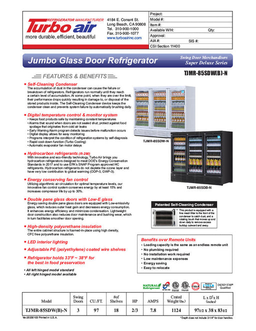 Turbo Air TJMR-85SDW-N 97 1/2" White Super Deluxe Three Section Glass Door Merchandiser – (3) Swing Doors, 115v - Donut-Supplies.Com
