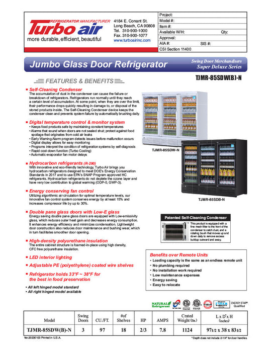 Turbo Air TJMR-85SDB-N 97 1/2" Black Super Deluxe Three Section Glass Door Merchandiser – (3) Swing Doors, 115v - Donut-Supplies.Com