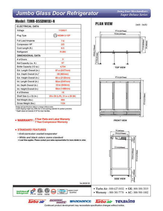 Turbo Air TJMR-85SDB-N 97 1/2" Black Super Deluxe Three Section Glass Door Merchandiser – (3) Swing Doors, 115v - Donut-Supplies.Com