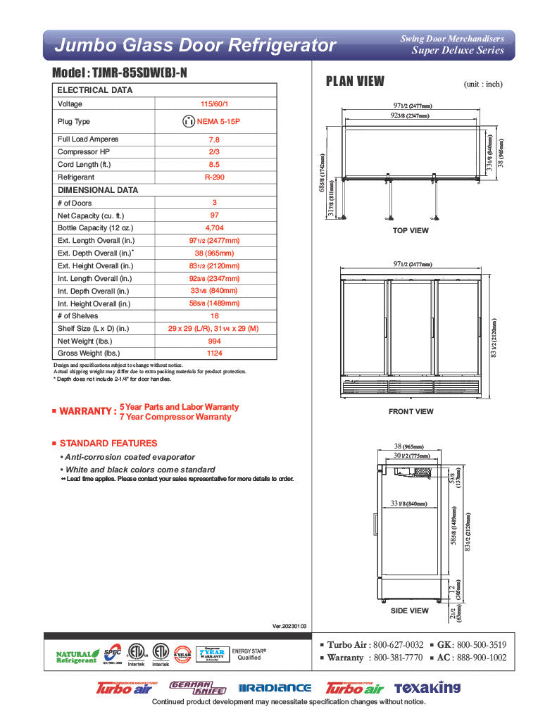 Turbo Air TJMR-85SDB-N 97 1/2" Black Super Deluxe Three Section Glass Door Merchandiser – (3) Swing Doors, 115v - Donut-Equipment.com