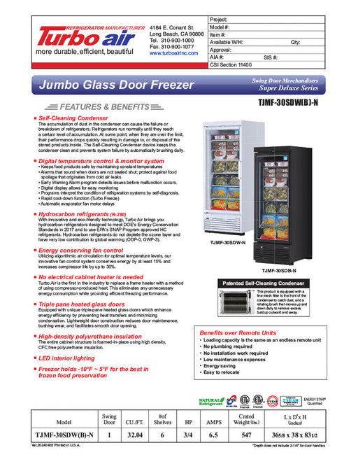 Turbo Air TJMF-30SDB-N 36 5/8" Black Super Deluxe One Section Glass Door Display Freezer – (1) Swing Door, 115v - Donut-Supplies.Com