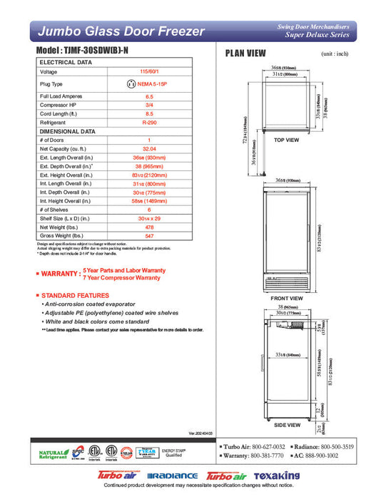Turbo Air TJMF-30SDB-N 36 5/8" Black Super Deluxe One Section Glass Door Display Freezer – (1) Swing Door, 115v - Donut-Supplies.Com