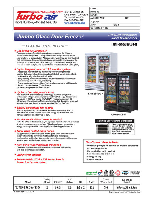 Turbo Air TJMF-55SDB-N 65" Black Super Deluxe Two Section Glass Door Display Freezer – (2) Swing Doors, 115v - Donut-Supplies.Com