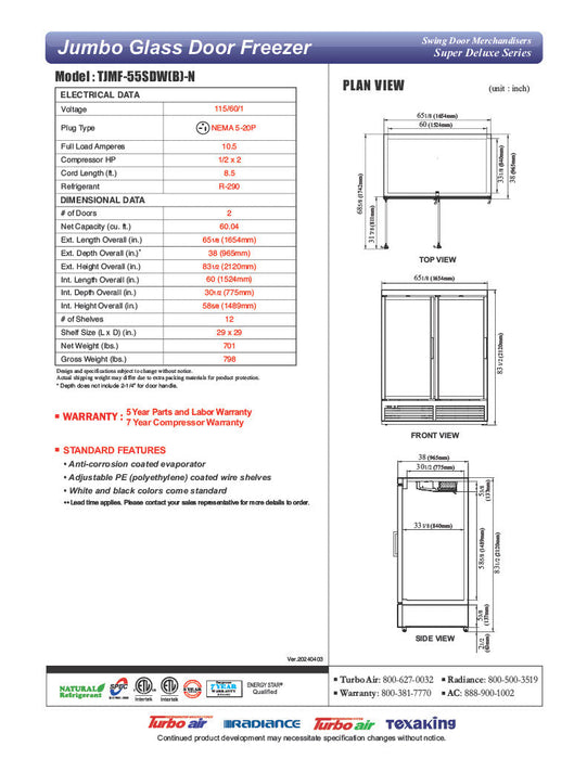 Turbo Air TJMF-55SDB-N 65" Black Super Deluxe Two Section Glass Door Display Freezer – (2) Swing Doors, 115v - Donut-Supplies.Com