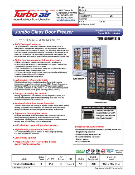 Turbo Air TJMF-85SDB-N 97 1/2" Black Super Deluxe Three Section Glass Door Display Freezer – (3) Swing Doors, 115v - Donut-Supplies.Com