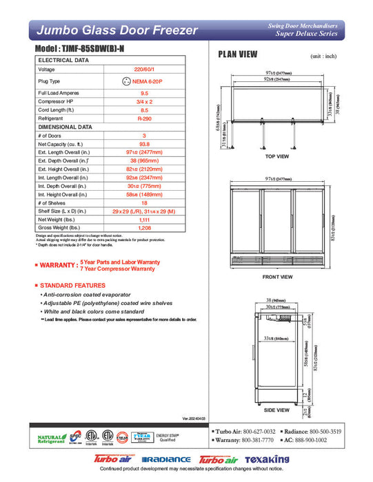 Turbo Air TJMF-85SDB-N 97 1/2" Black Super Deluxe Three Section Glass Door Display Freezer – (3) Swing Doors, 115v - Donut-Supplies.Com