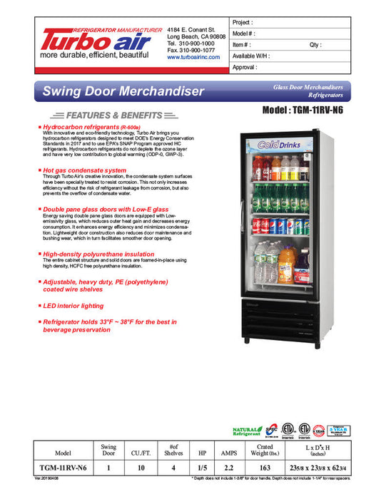 Turbo Air TGM-11RV-N6 24" Refrigerator Merchandiser – One Section, Glass Swing Door, LED Lighting, 115v - Donut-Supplies.Com