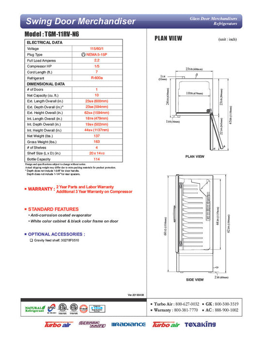 Turbo Air TGM-11RV-N6 24" Refrigerator Merchandiser – One Section, Glass Swing Door, LED Lighting, 115v - Donut-Supplies.Com