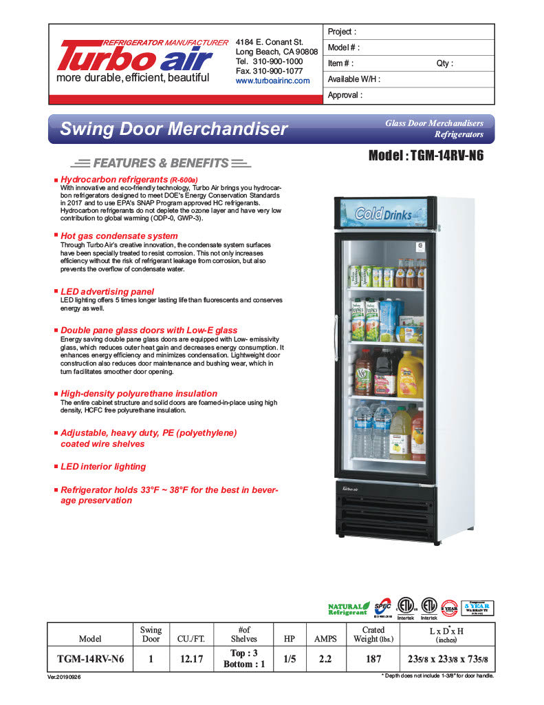 Turbo Air TGM-14RV-N6 24" Glass Door Merchandiser Refrigerator – One Section, Swing Door, LED Interior Lighting, 115v - Donut-Equipment.com