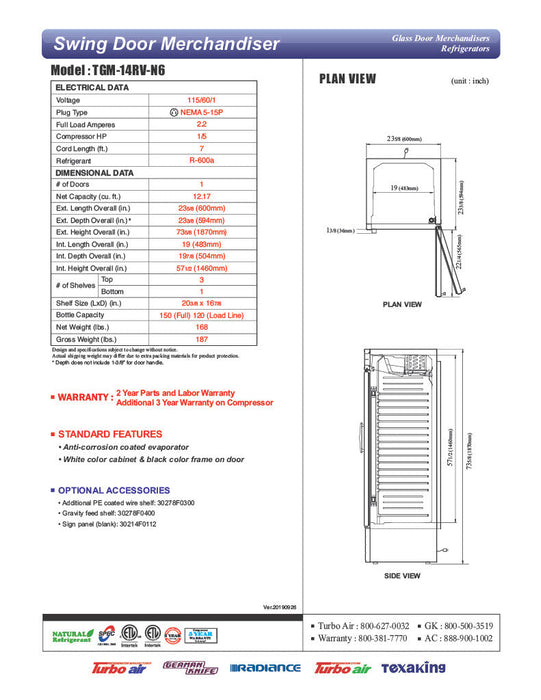 Turbo Air TGM-14RV-N6 24" Glass Door Merchandiser Refrigerator – One Section, Swing Door, LED Interior Lighting, 115v - Donut-Supplies.Com
