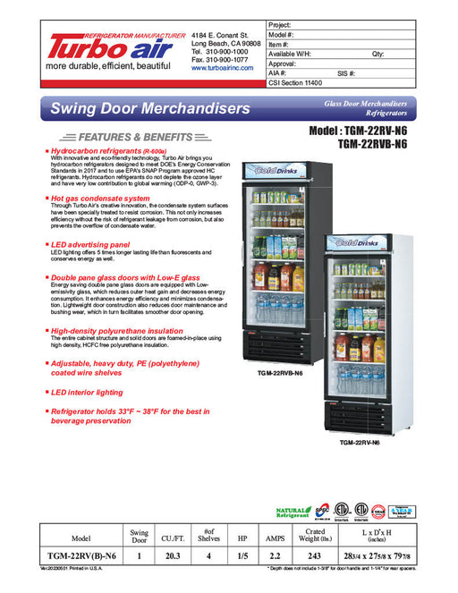 Turbo Air TGM-22RVB-N6 29" TGM Series One Section Glass Door Merchandiser - (1) Right Hinge Door, Black, 115v - Donut-Supplies.Com