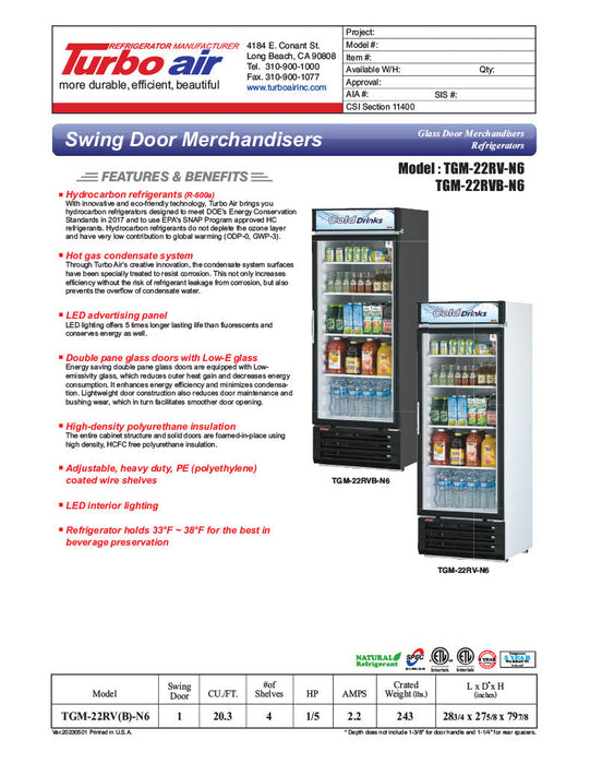 Turbo Air TGM-22RV-N6 29" TGM Series One Section Glass Door Merchandiser - (1) Right Hinge Door, White, 115v - Donut-Supplies.Com