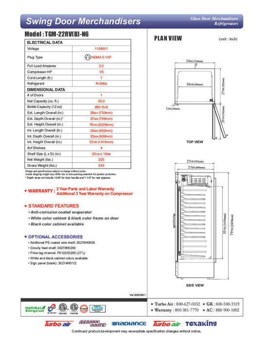 Turbo Air TGM-22RV-N6 29" TGM Series One Section Glass Door Merchandiser - (1) Right Hinge Door, White, 115v - Donut-Supplies.Com